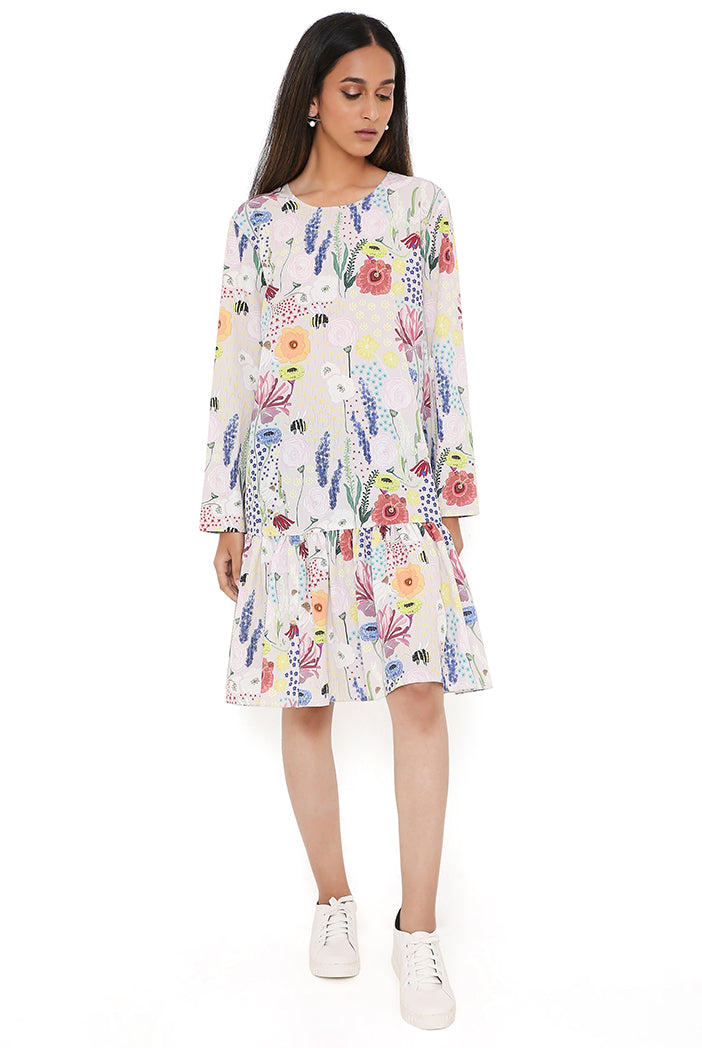 Stone Bee Print Art Crepe Frill Hem Tunic