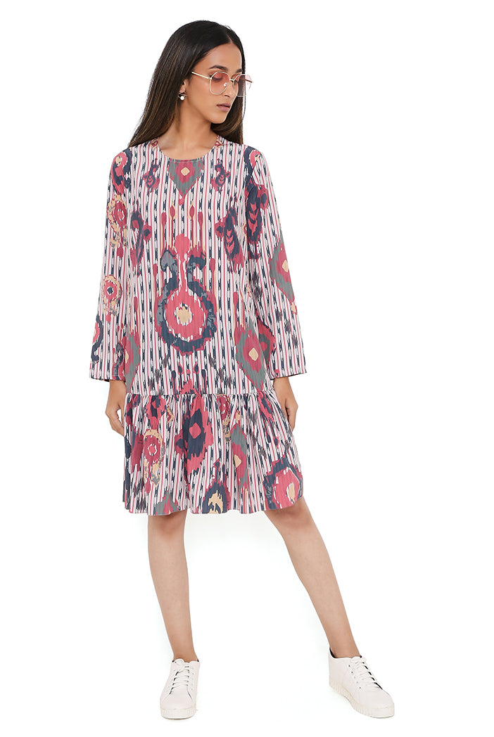 Red Ikat Tribe Print Art Crepe Frill Hem Tunic