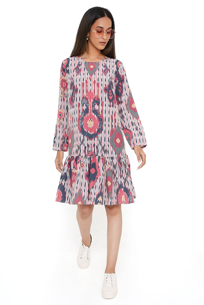 Red Ikat Tribe Print Art Crepe Frill Hem Tunic