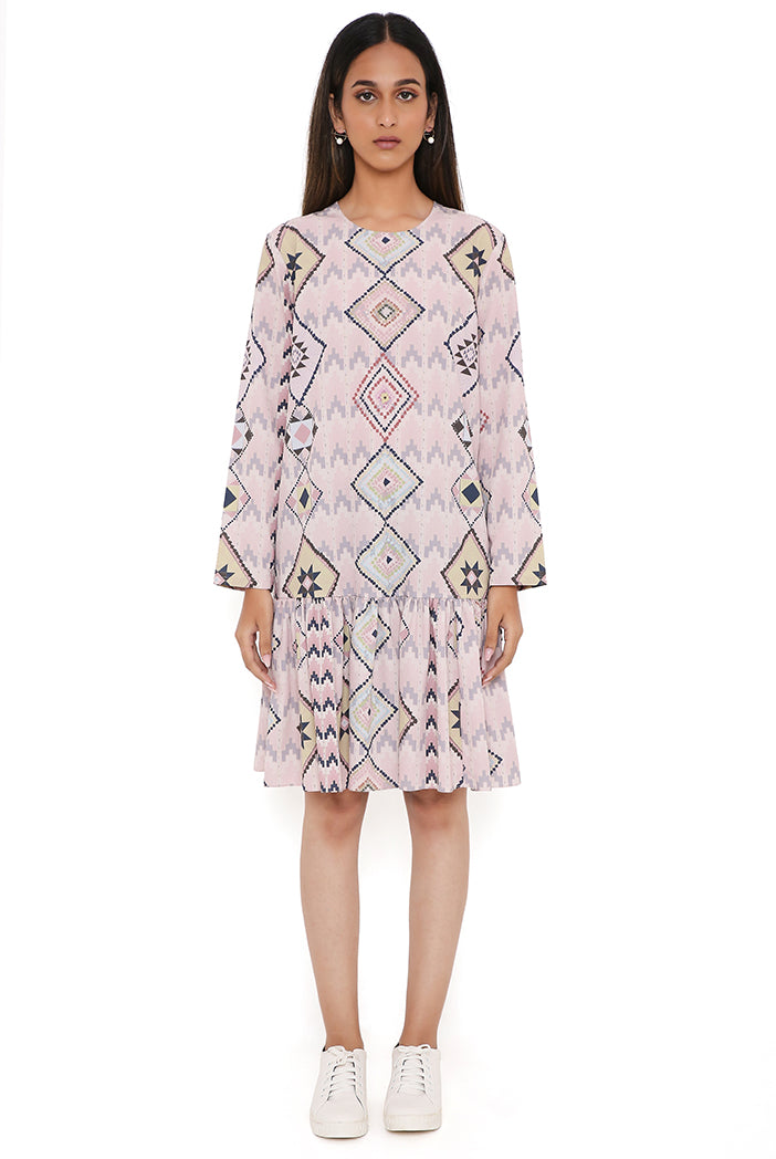 Blush Mosaic Diamond Print Art Crepe Frill Hem Tunic