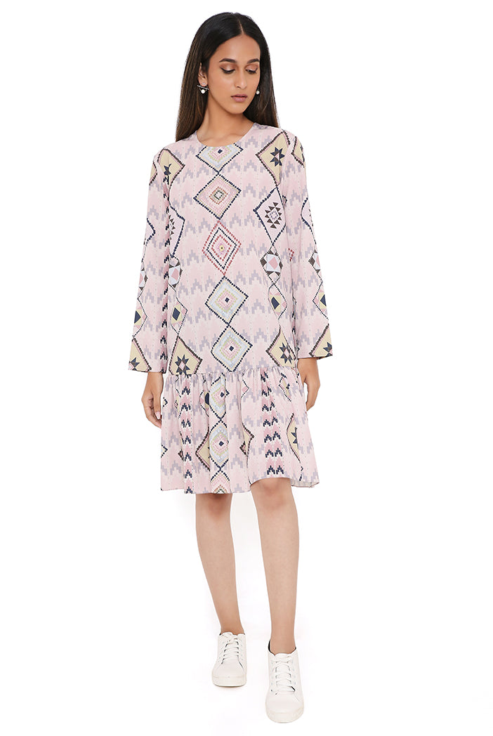 Blush Mosaic Diamond Print Art Crepe Frill Hem Tunic
