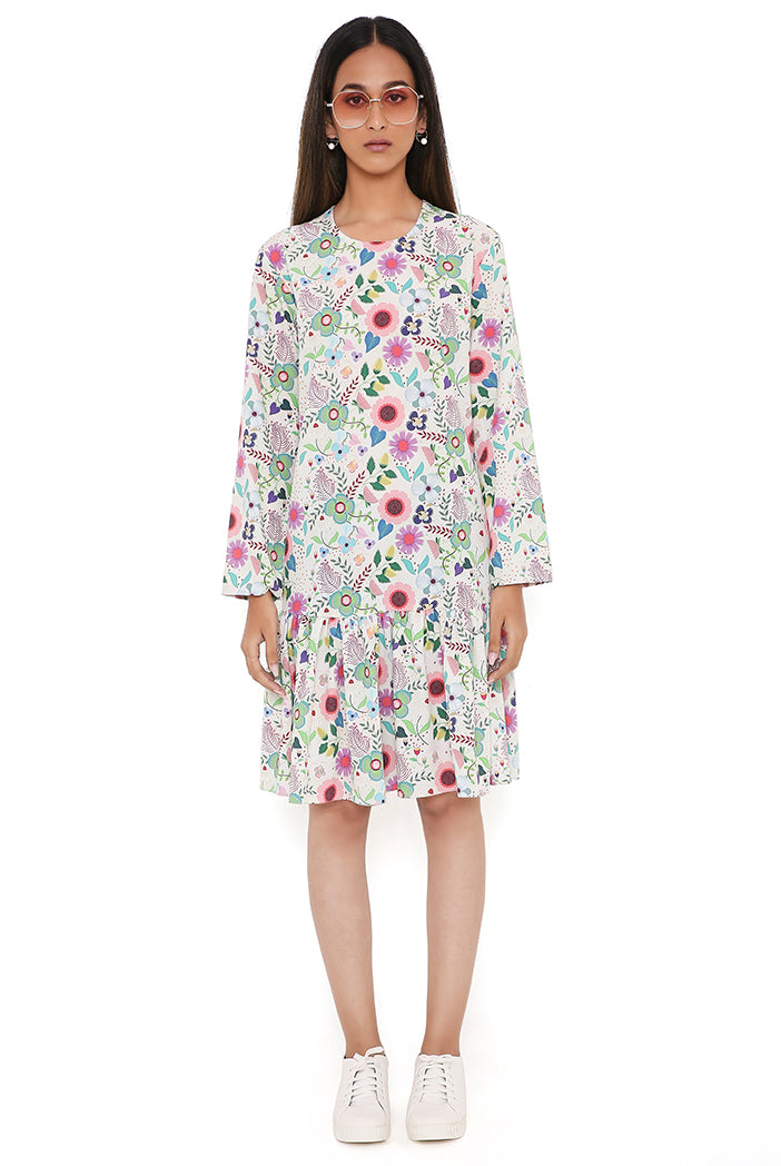 Cream Spring Floral Garden Print Art Crepe Frill Hem Tunic