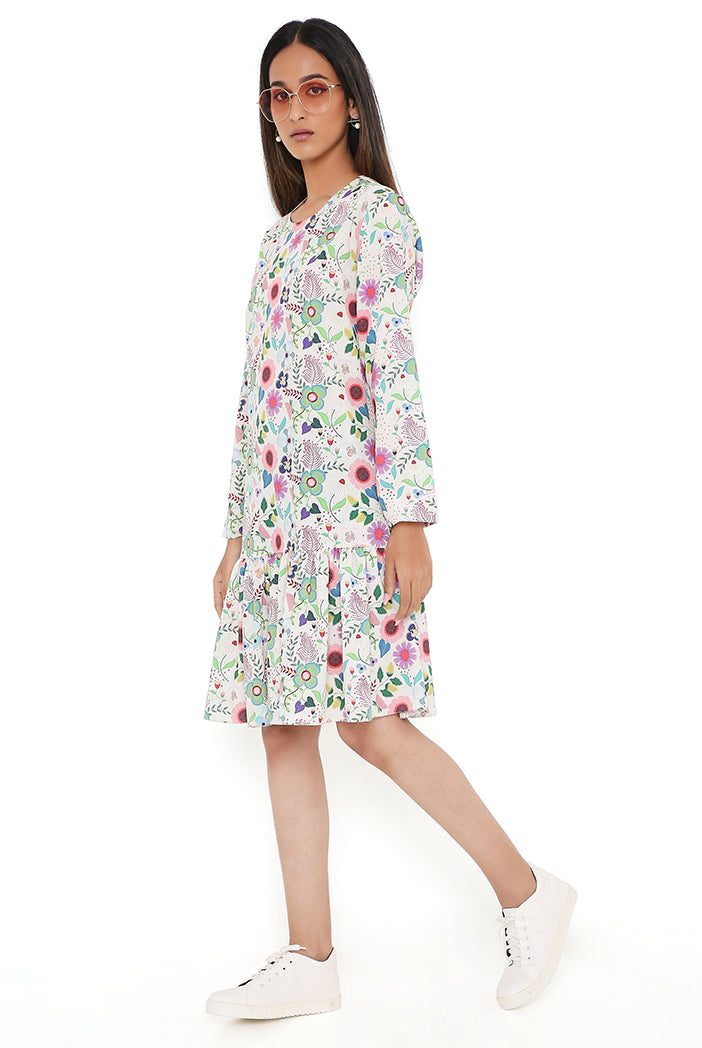 Cream Spring Floral Garden Print Art Crepe Frill Hem Tunic