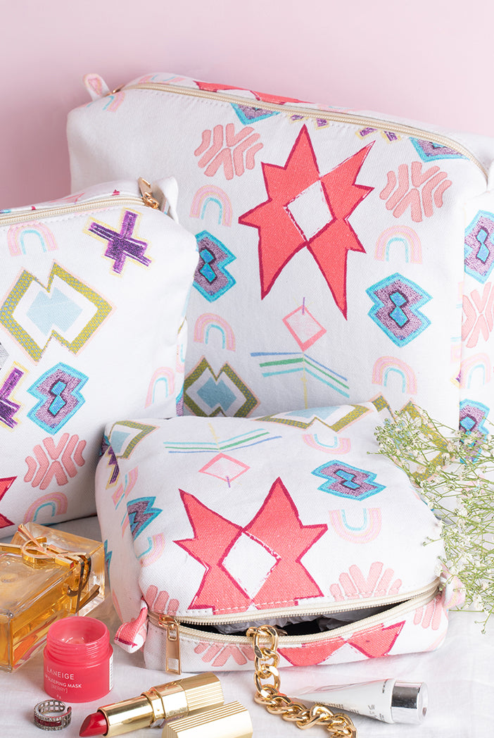 White Ikat Star Print Canvas Small, Medium and Large Size Vanity Kits (Set of 3)