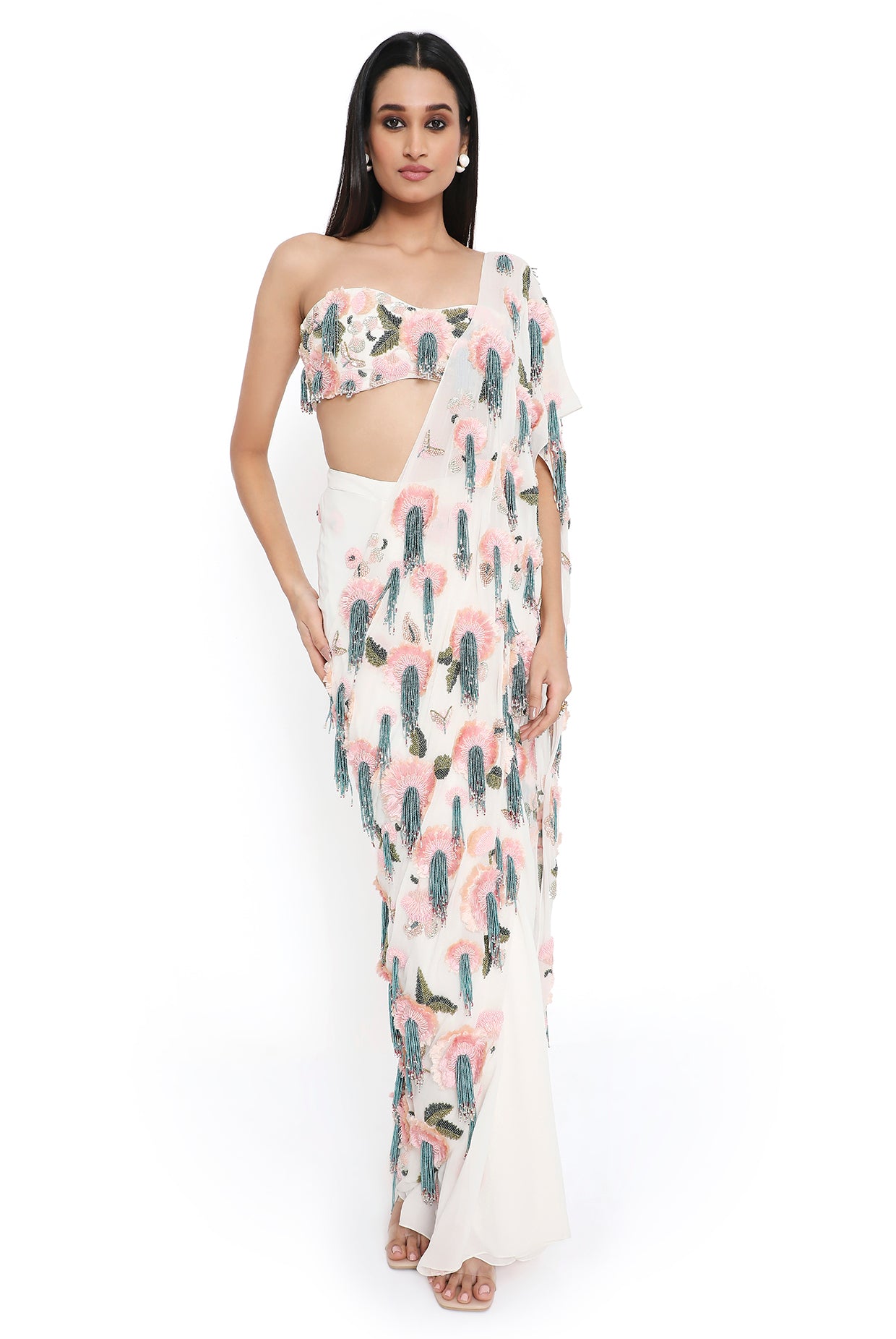 Alora Off White Embroidered Bustier And Pre- Stitched Scattered Butti Saree With Attached Embroidered Pallu