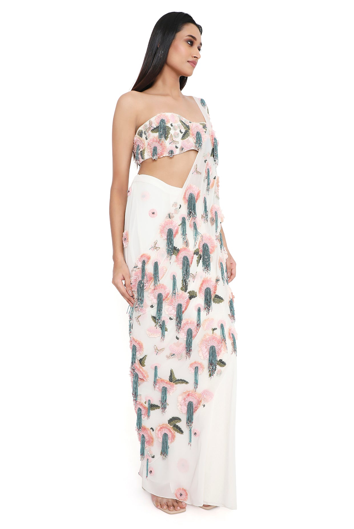 Alora Off White Embroidered Bustier And Pre- Stitched Scattered Butti Saree With Attached Embroidered Pallu