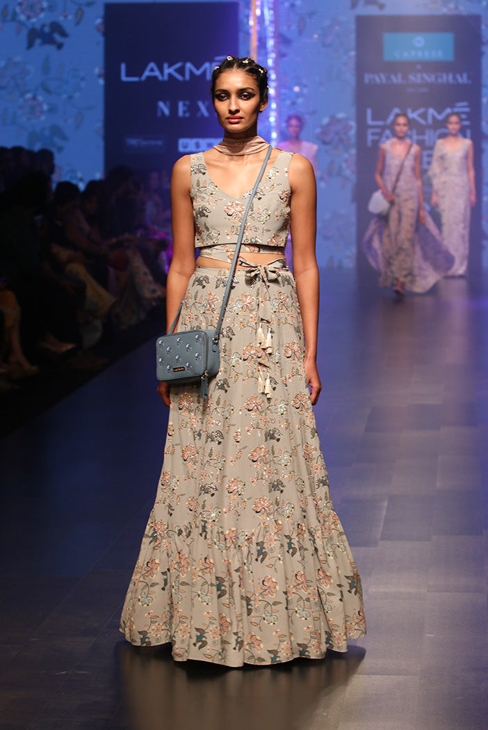 Amina Mint Printed Crepe Tie-up Choli with Crepe and Georgette Frill Lehenga and Dusky Rose Mukaish Georgette Dupatta