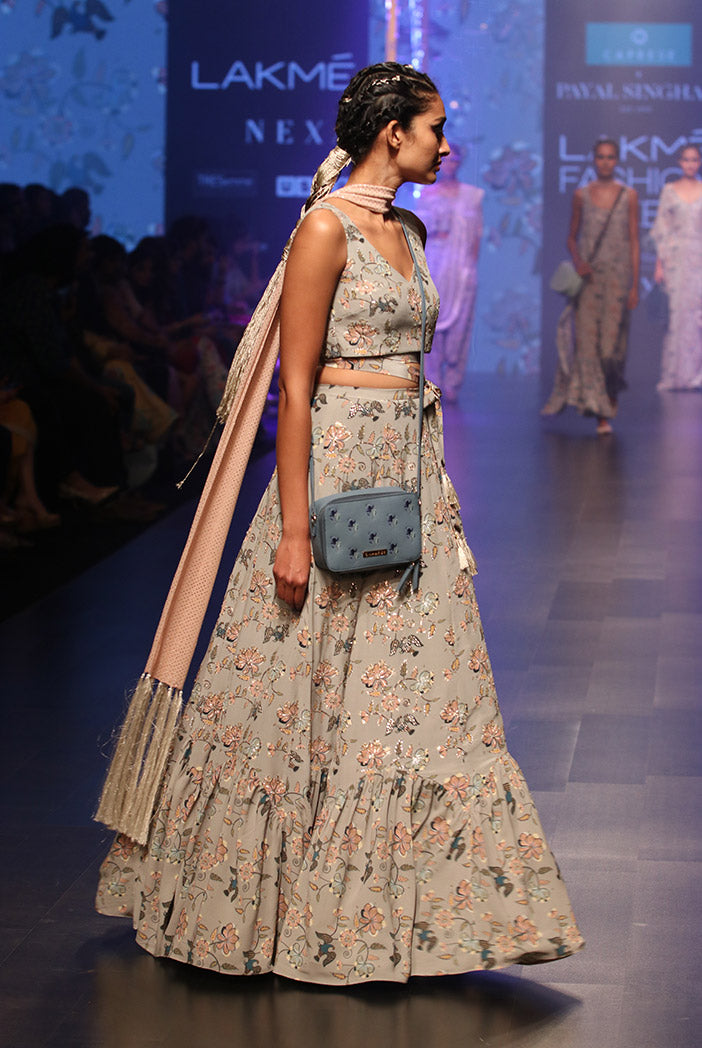 Amina Mint Printed Crepe Tie-up Choli with Crepe and Georgette Frill Lehenga and Dusky Rose Mukaish Georgette Dupatta