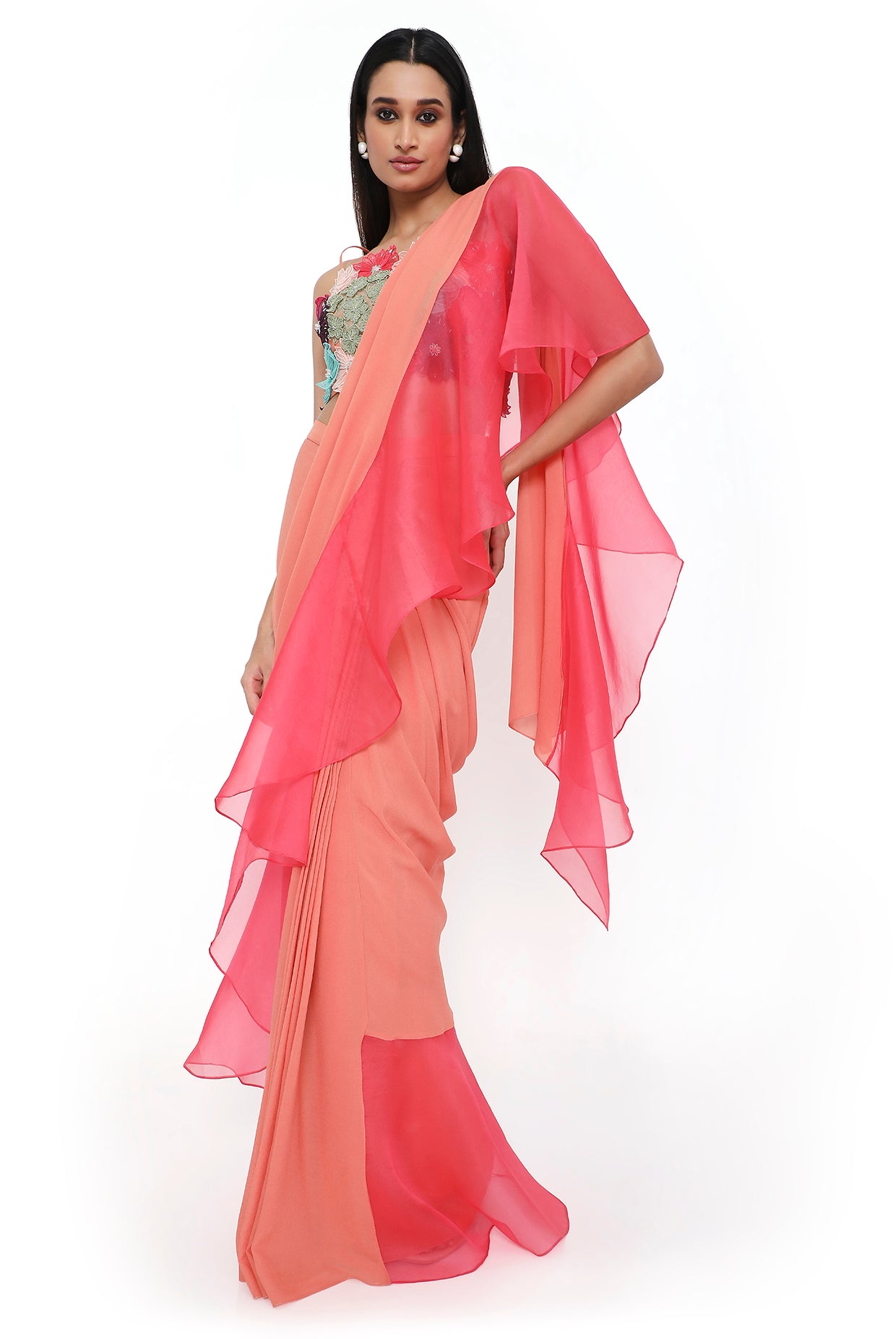 Amore Peach Georgette 3D Floral Embroidered Choli And Saree With Coral Ruffle Pallu