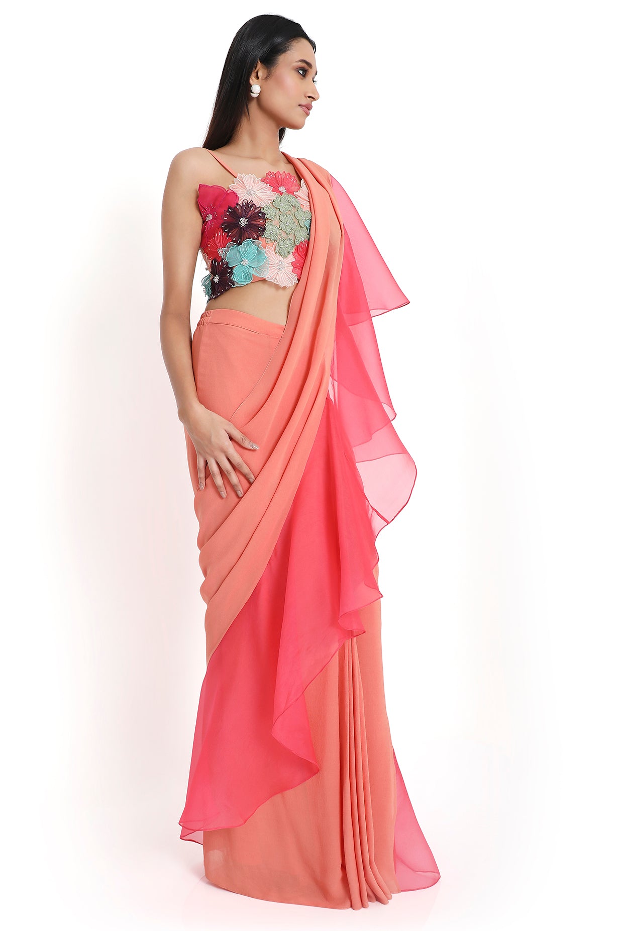 Amore Peach Georgette 3D Floral Embroidered Choli And Saree With Coral Ruffle Pallu