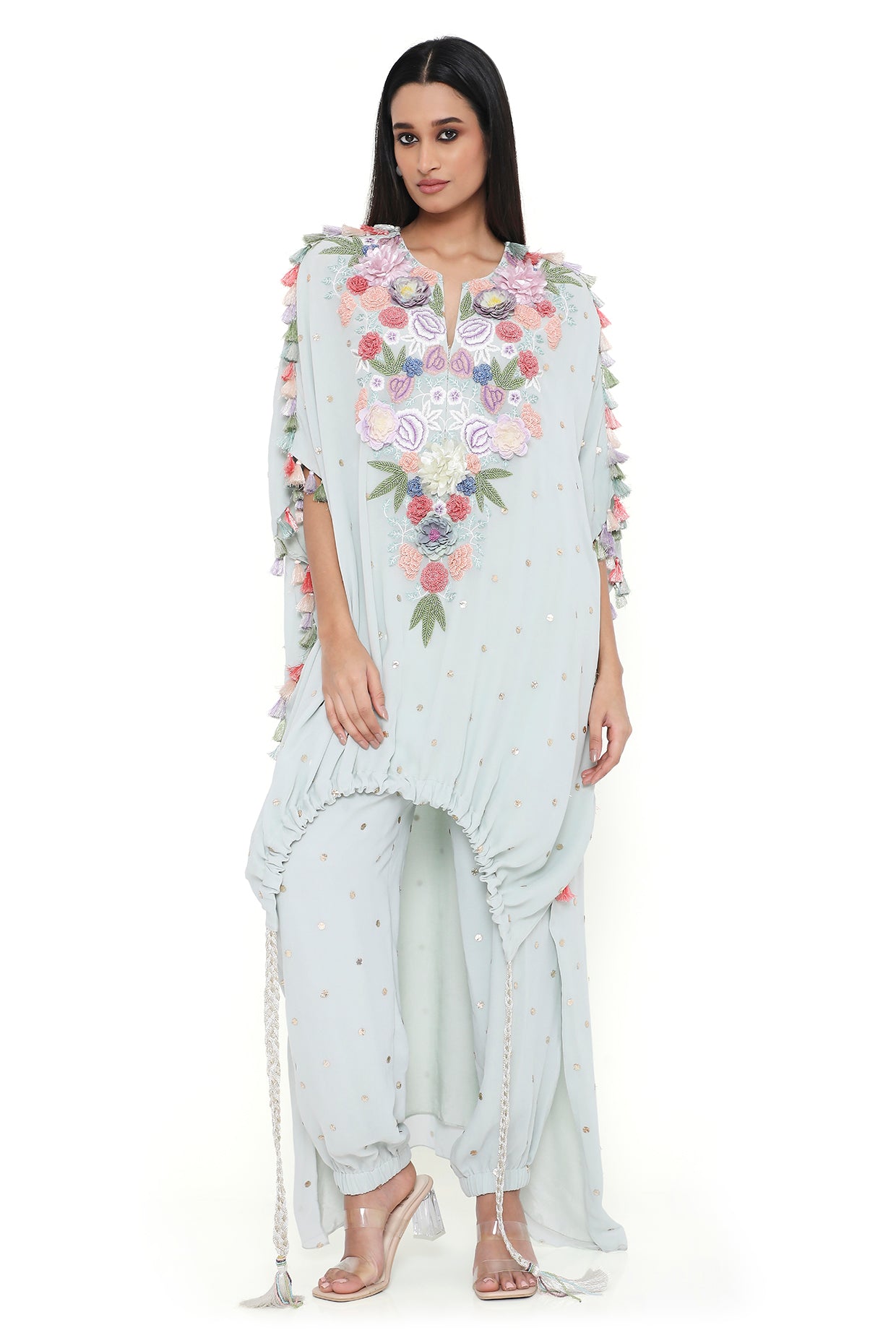 Aria Sea Foam Embroidered High Low Kaftan With Jogger Pant