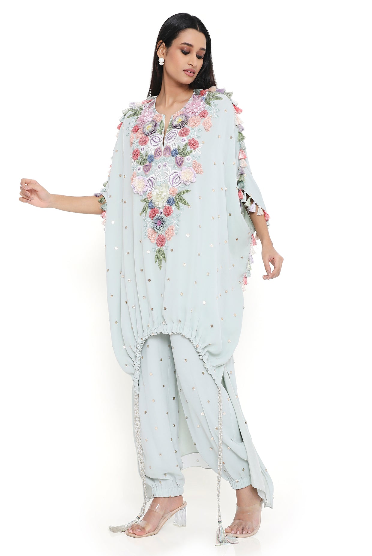 Aria Sea Foam Embroidered High Low Kaftan With Jogger Pant
