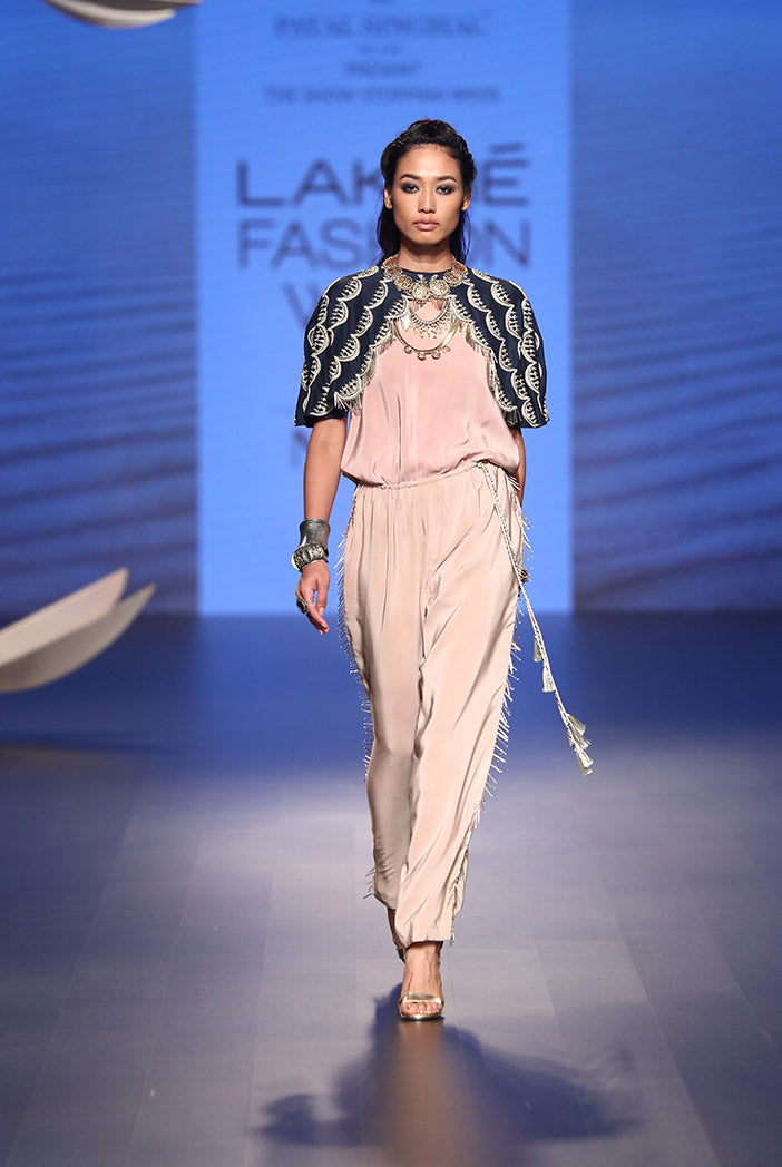 Arka Navy Silk Cape with Rose Pink Crepe Jumpsuit