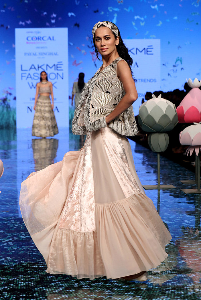 Ayda Stone Organza Embroidered Jacket with Georgette embroidered bustier and Asymmetric lehenga