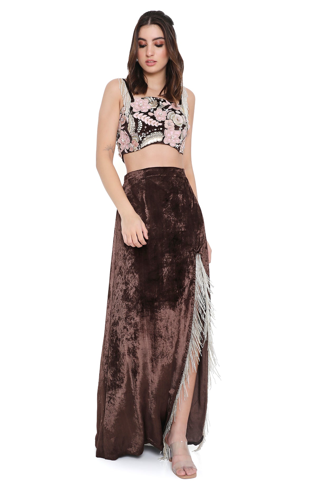 Azura Brown Embroidered Choli And Skirt With Slit