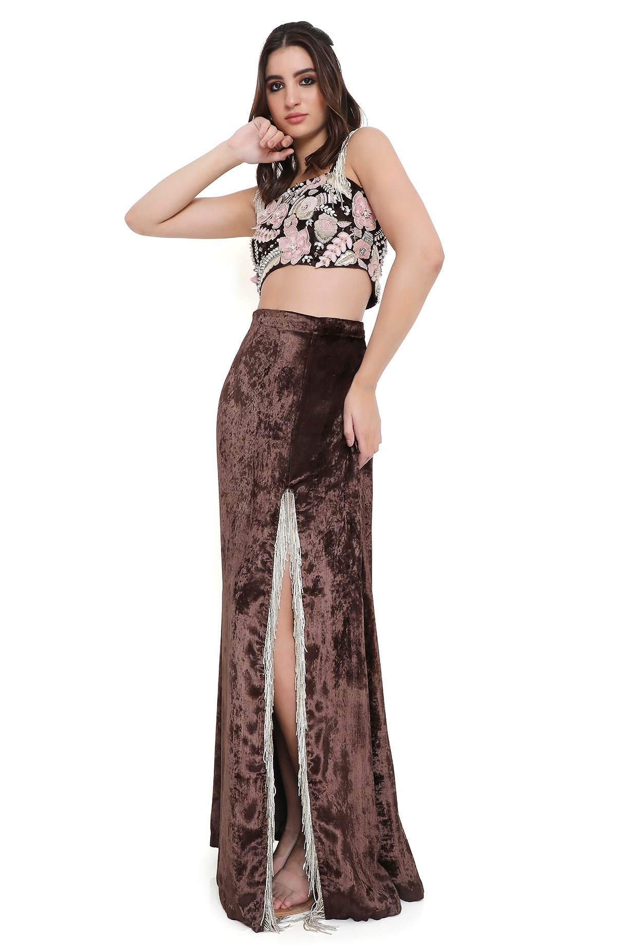 Azura Brown Embroidered Choli And Skirt With Slit