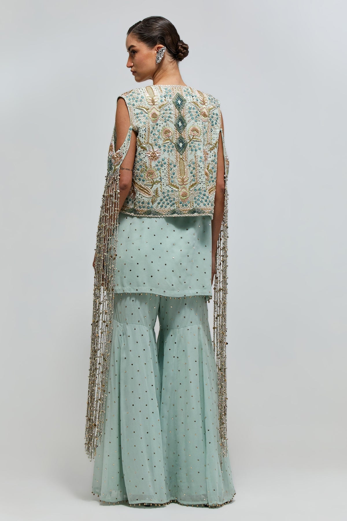 Manzar Powder Blue Georgette Embroidered Jacket With Short Kurta And Sharara