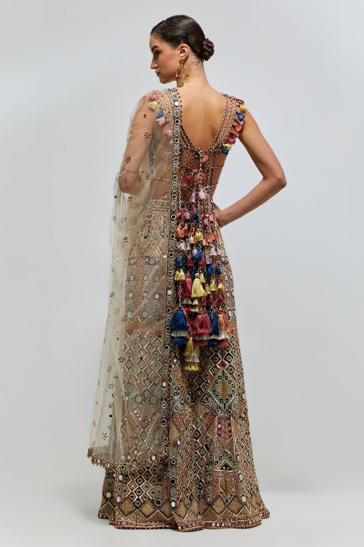 Fariha Champagne Georgette Embroidered Choli With Sharara And Mukaish Net Dupatta