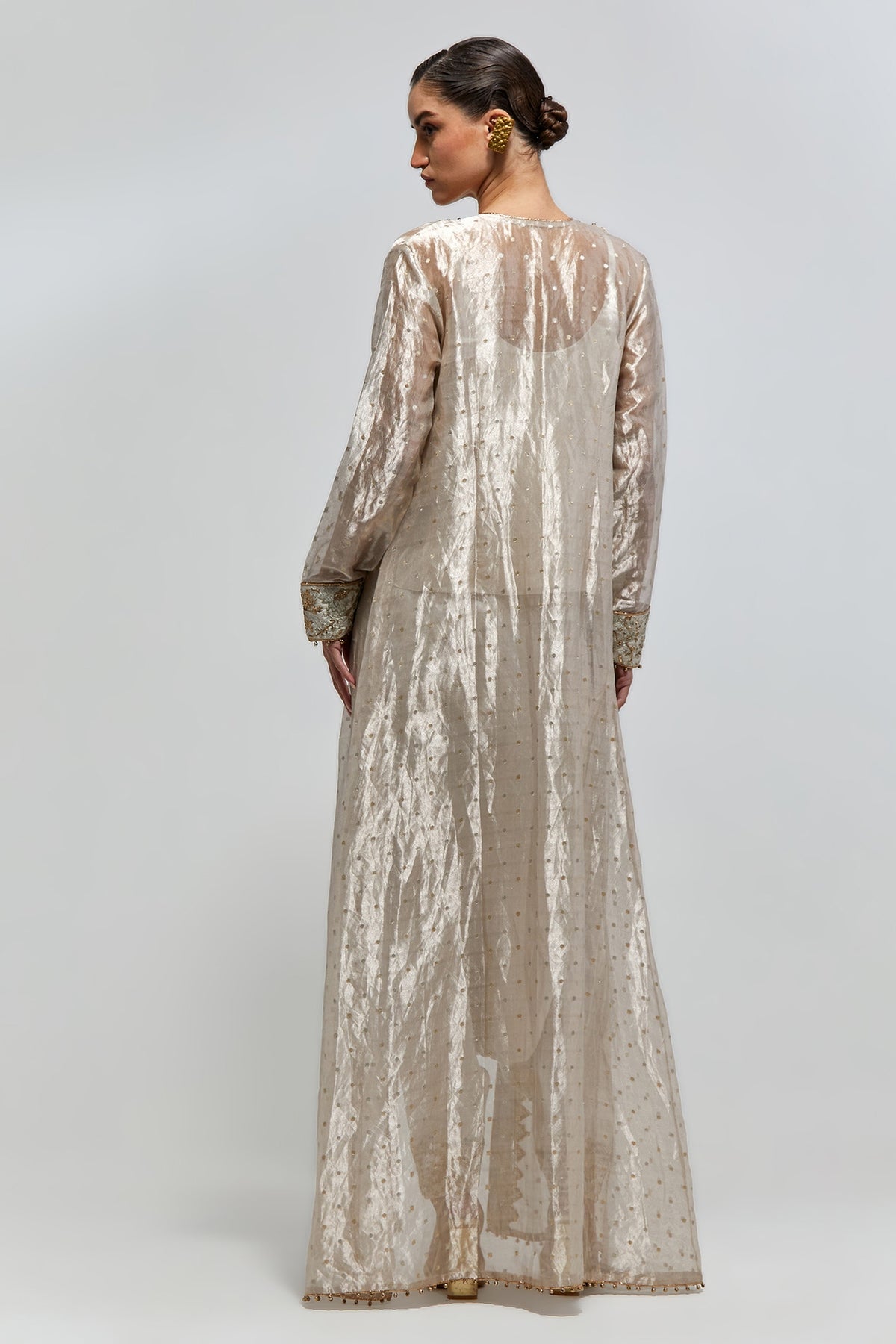 Haya Silver Butti Organza Embroidered Cape With Top And Low Crotch Pants