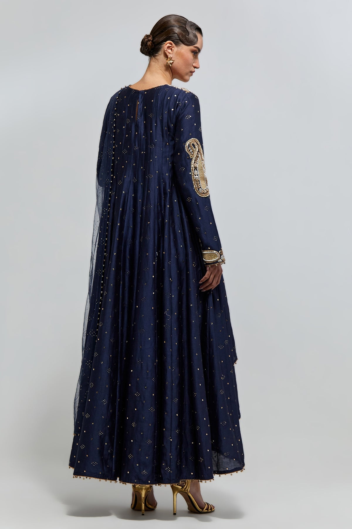 Zareen Navy Blue Mukaish Silkmul Embroidered Anarkali With Churidar And Mukaish Net Dupatta