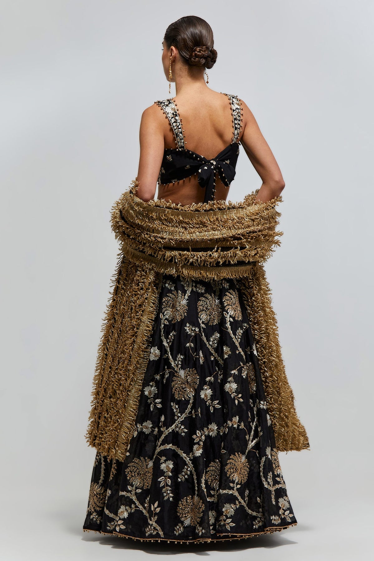 Saher Black Georgette Embroidered Tie Back Choli With Lehenga And Stone Net Laced Dupatta