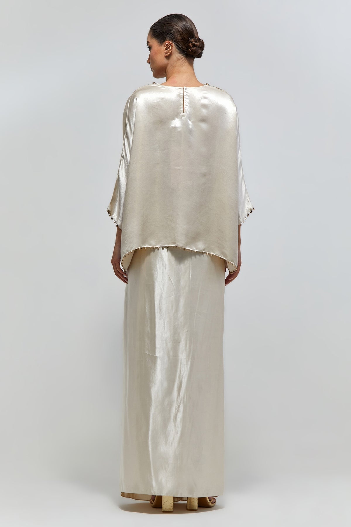 Taraz Champagne Satin Embroidered Yoke Top And Lungi Skirt