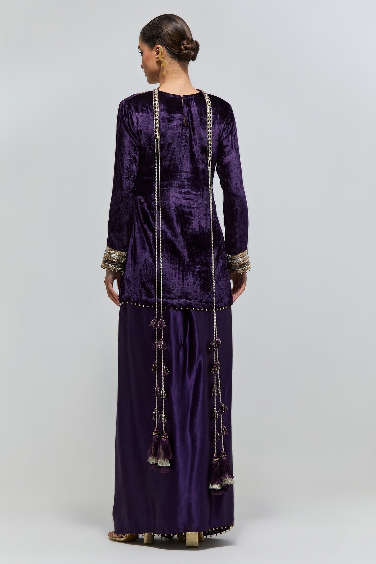 Zehra Purple Velvet Embroidered Yoke And Sleeves Kurta With Dhoti Skirt And Belt