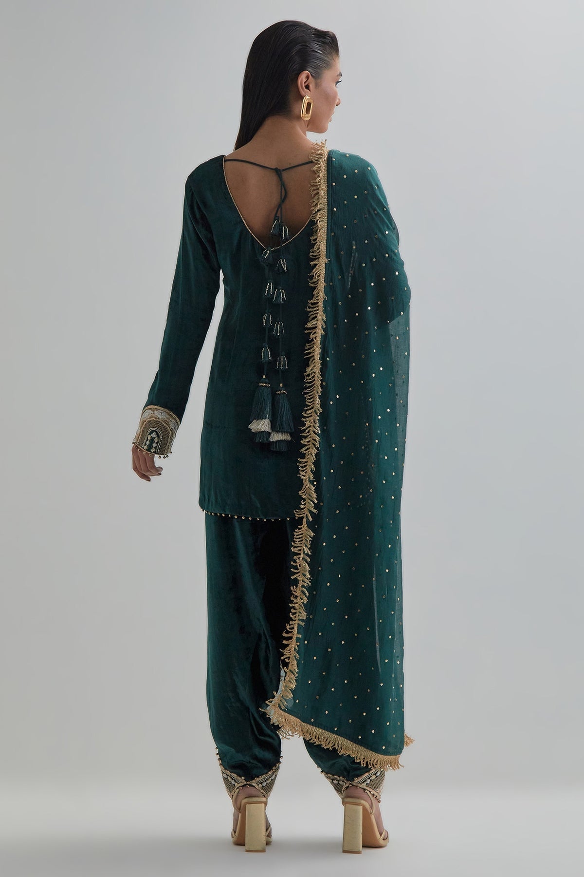 Ziba Emerald Green Velvet Embroidered Kurta With Farshi Salwar And Mukaish Silkmul Dupatta