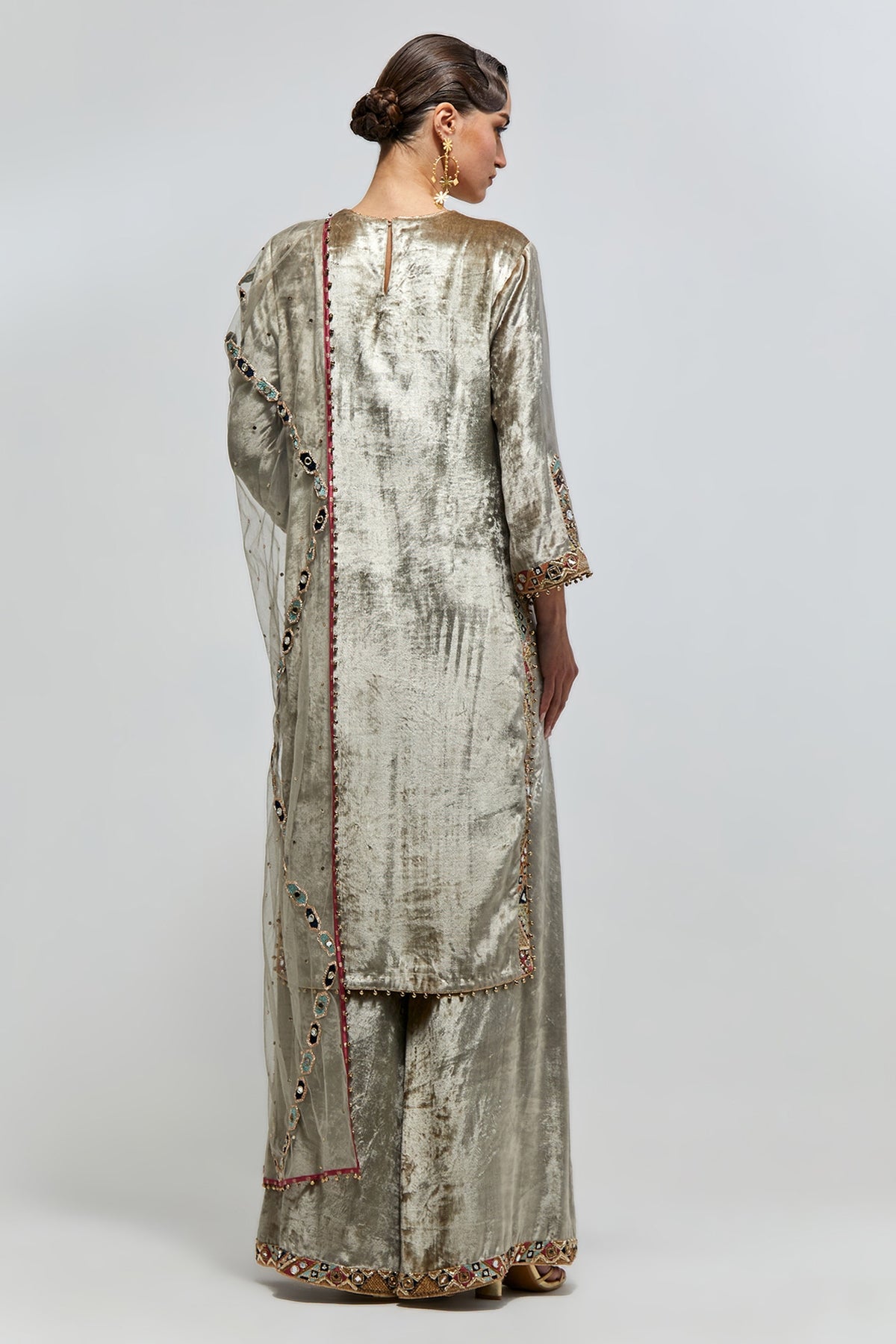 Amira Grey Velvet Embroidered Yoke Kurta With Palazzo And Mukaish Net Dupatta
