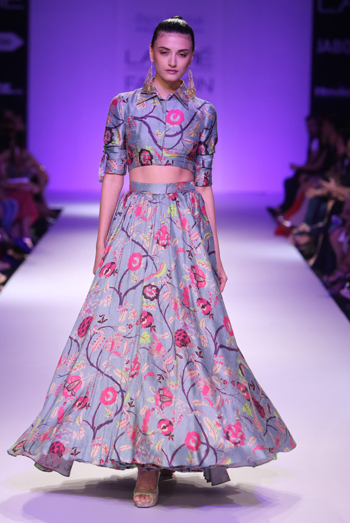 Bahara Blue Printed Dupion Silk Cropped Shirt and Skirt