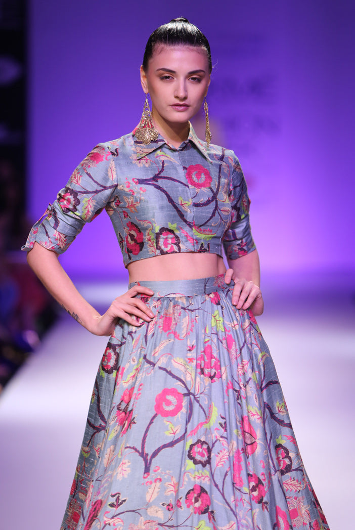 Bahara Blue Printed Dupion Silk Cropped Shirt and Skirt