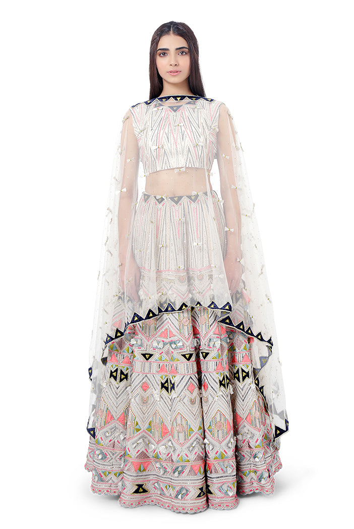 Basira Chalk White Colour Georgette Embroidered Choli with Lehenga and Net Mukaish Dupatta