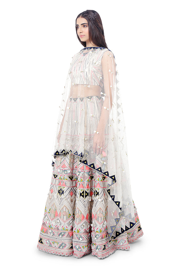 Basira Chalk White Colour Georgette Embroidered Choli with Lehenga and Net Mukaish Dupatta
