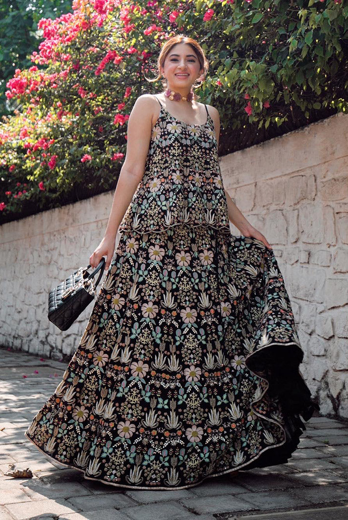 Black Colour Georgette Short Anarkali Top with Net Dupatta and Georgette Lehenga