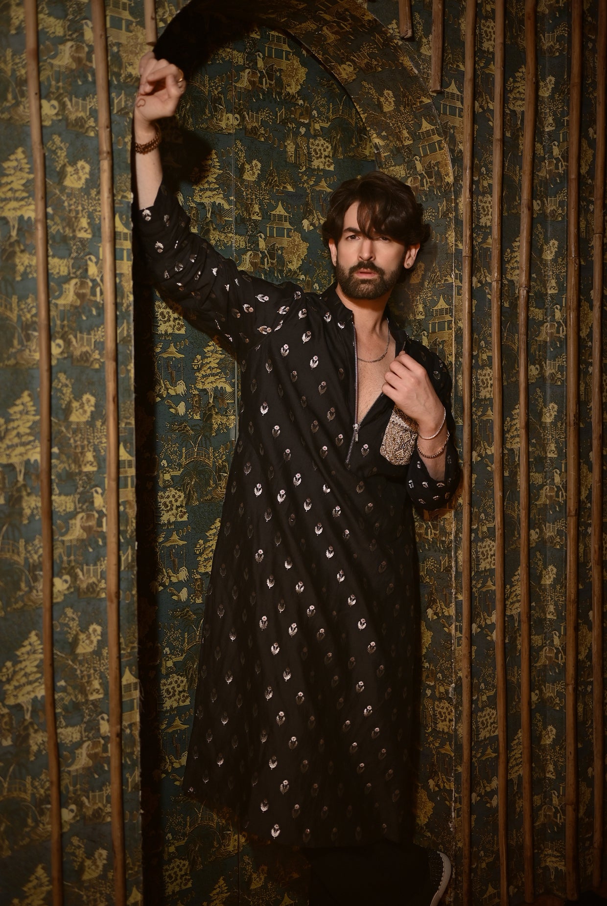 BLACK BROCADE KURTA WITH CHURIDAR