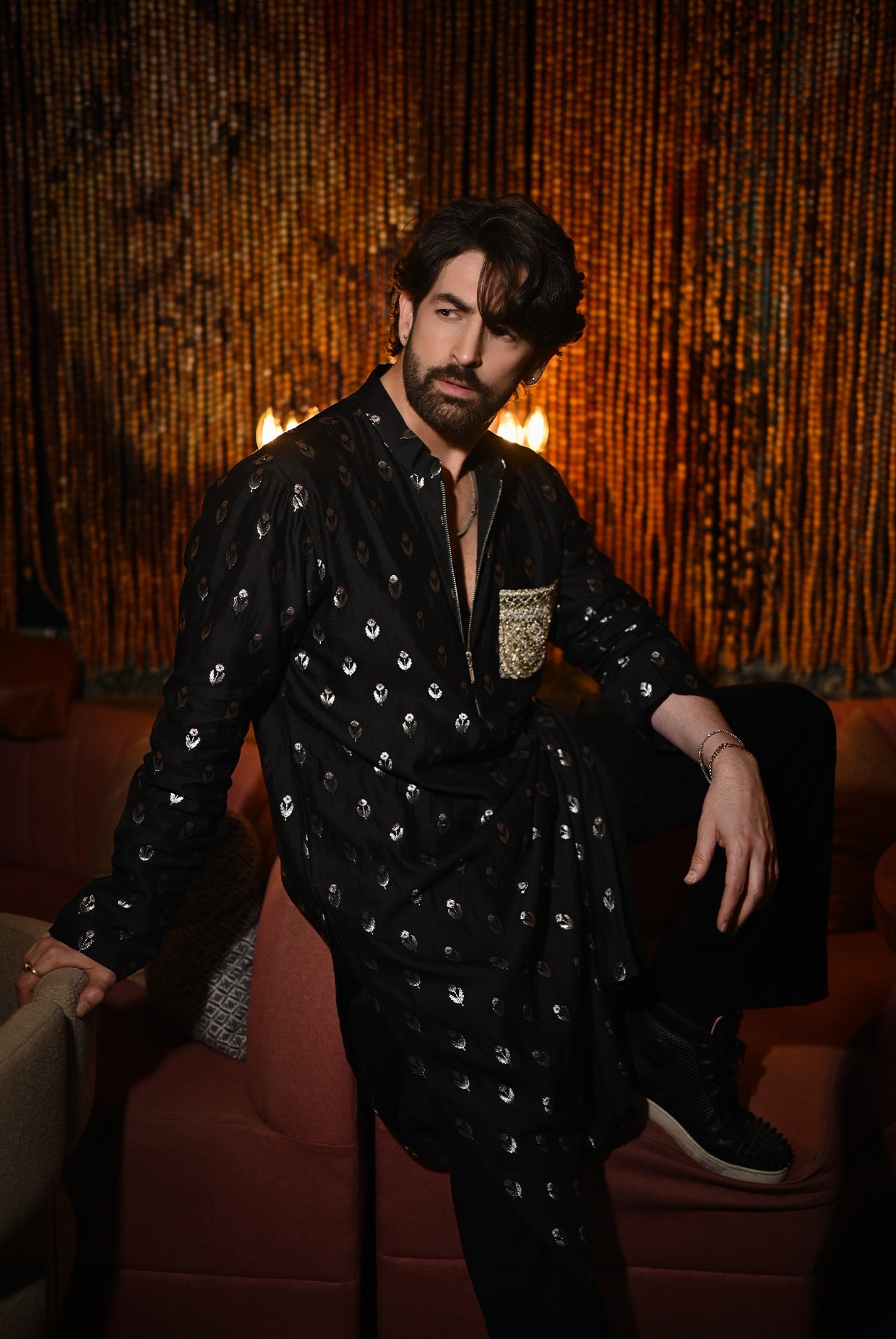 BLACK BROCADE KURTA WITH CHURIDAR