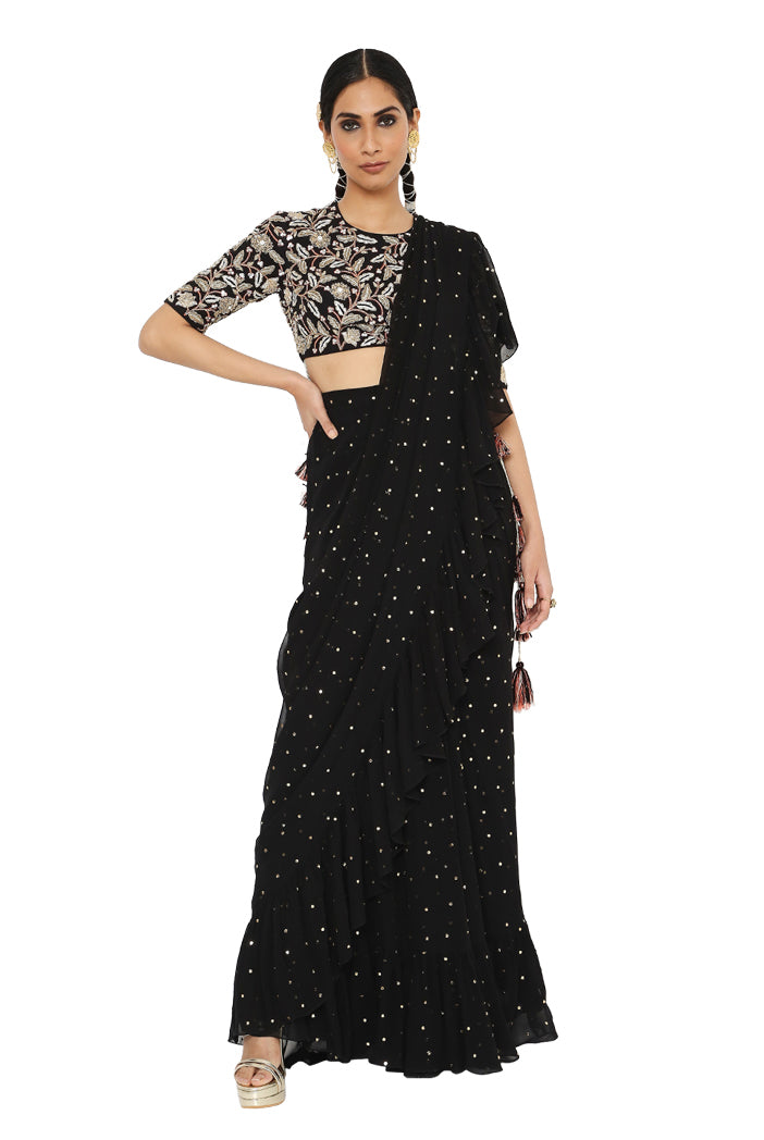 Almas Black Colour Embroidered Choli With Frill Saree