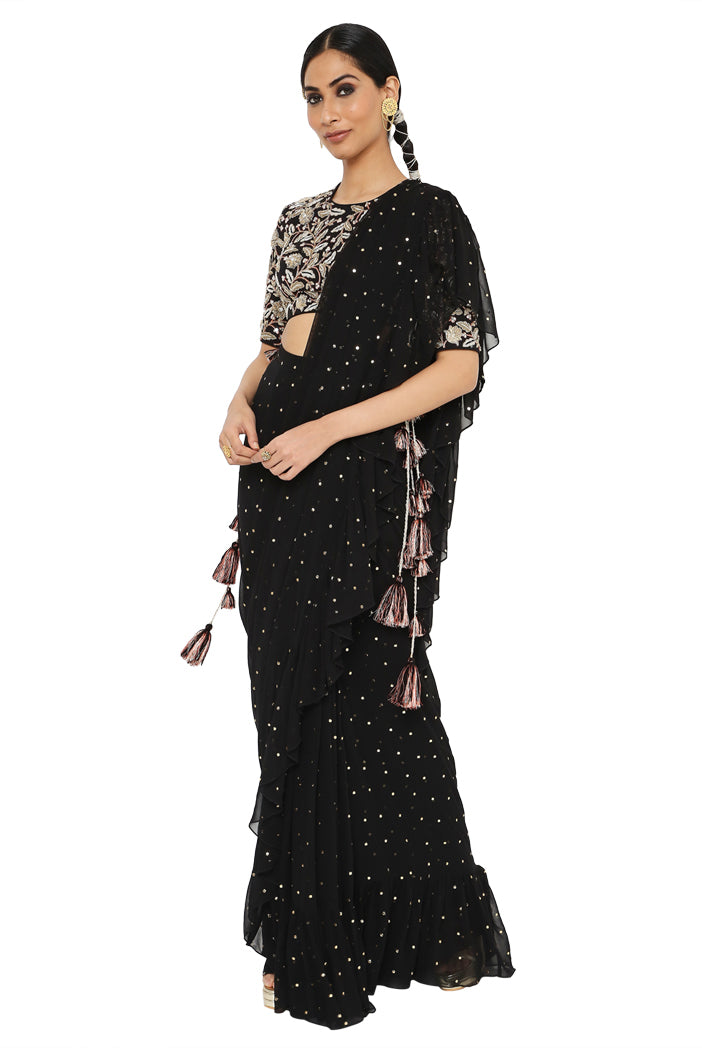 Almas Black Colour Embroidered Choli With Frill Saree
