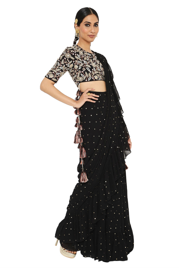 Almas Black Colour Embroidered Choli With Frill Saree