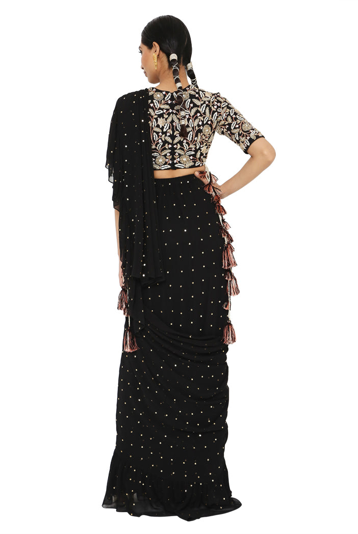 Almas Black Colour Embroidered Choli With Frill Saree