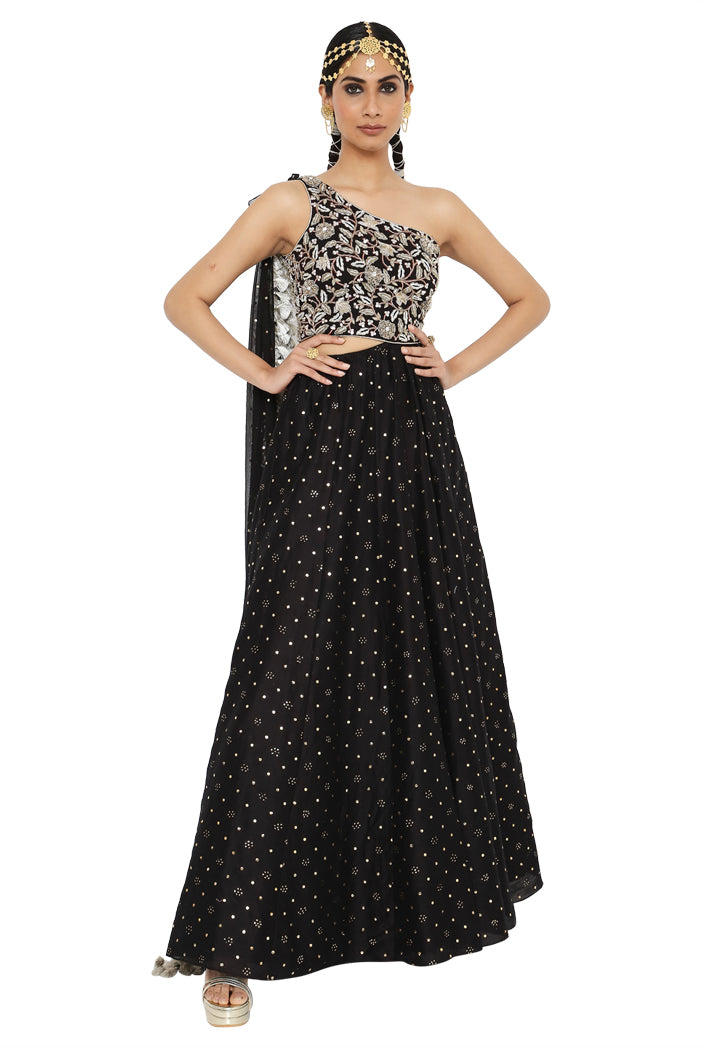 Dua Black Colour Embroidered One Shoulder Gown