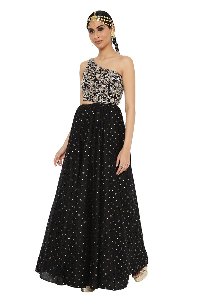 Dua Black Colour Embroidered One Shoulder Gown