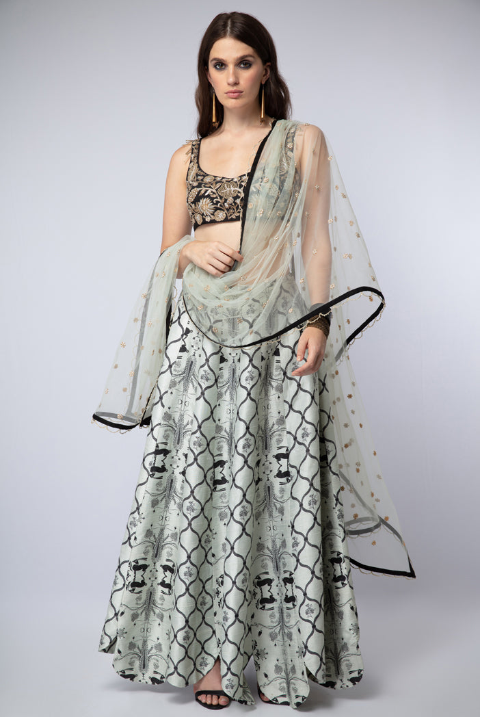 Black Silk Choli with Mint Dupion Silk Printed Hi-Low Lehenga and Net Dupatta