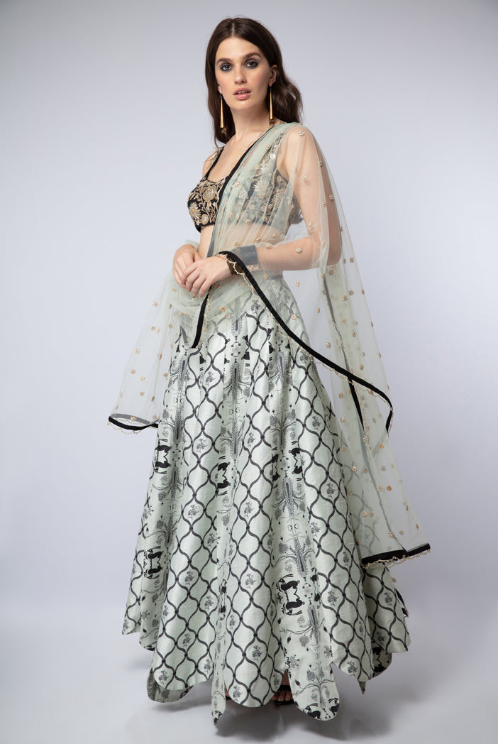 Black Silk Choli with Mint Dupion Silk Printed Hi-Low Lehenga and Net Dupatta