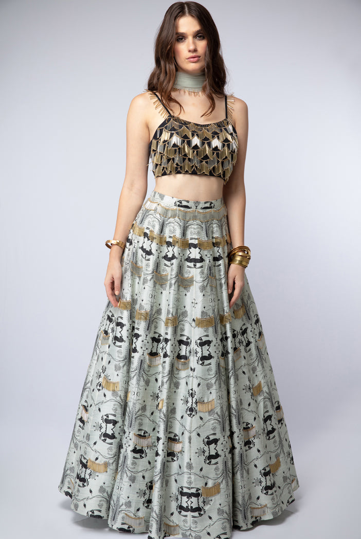 Black Silk Tie-up Choli with Mint Printed Dupion Silk Lehenga and Net Dupatta
