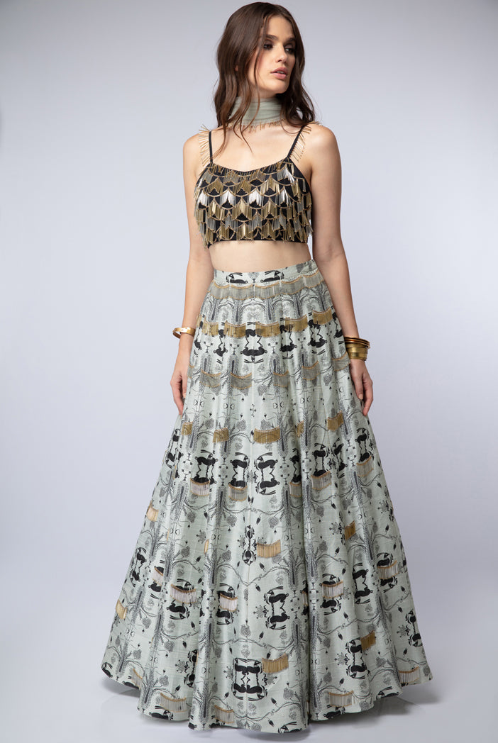 Black Silk Tie-up Choli with Mint Printed Dupion Silk Lehenga and Net Dupatta