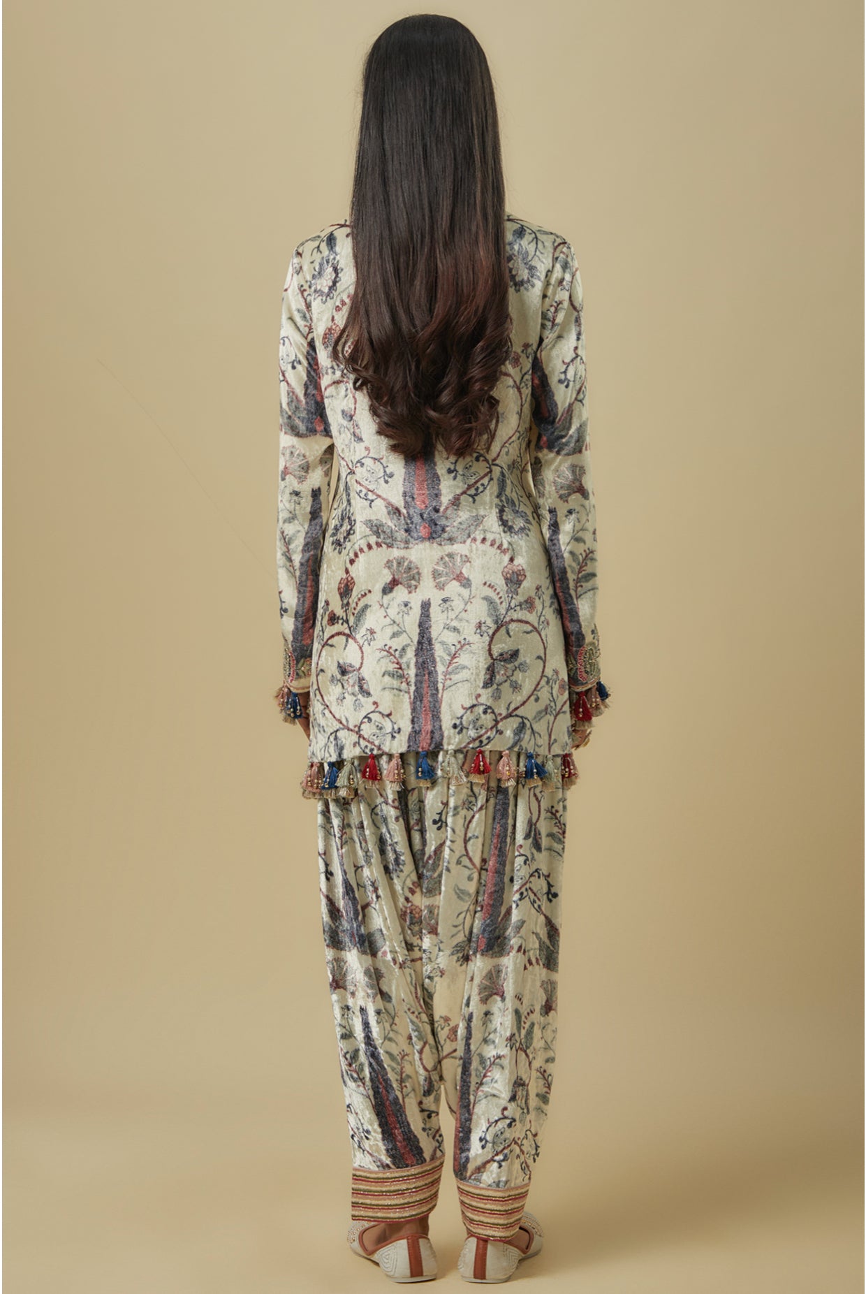 Blue Forest Whisper Print Velvet Embroidered Yoke Kurta With Patiala Salwar And Mint Mukaish Organza Dupatta.