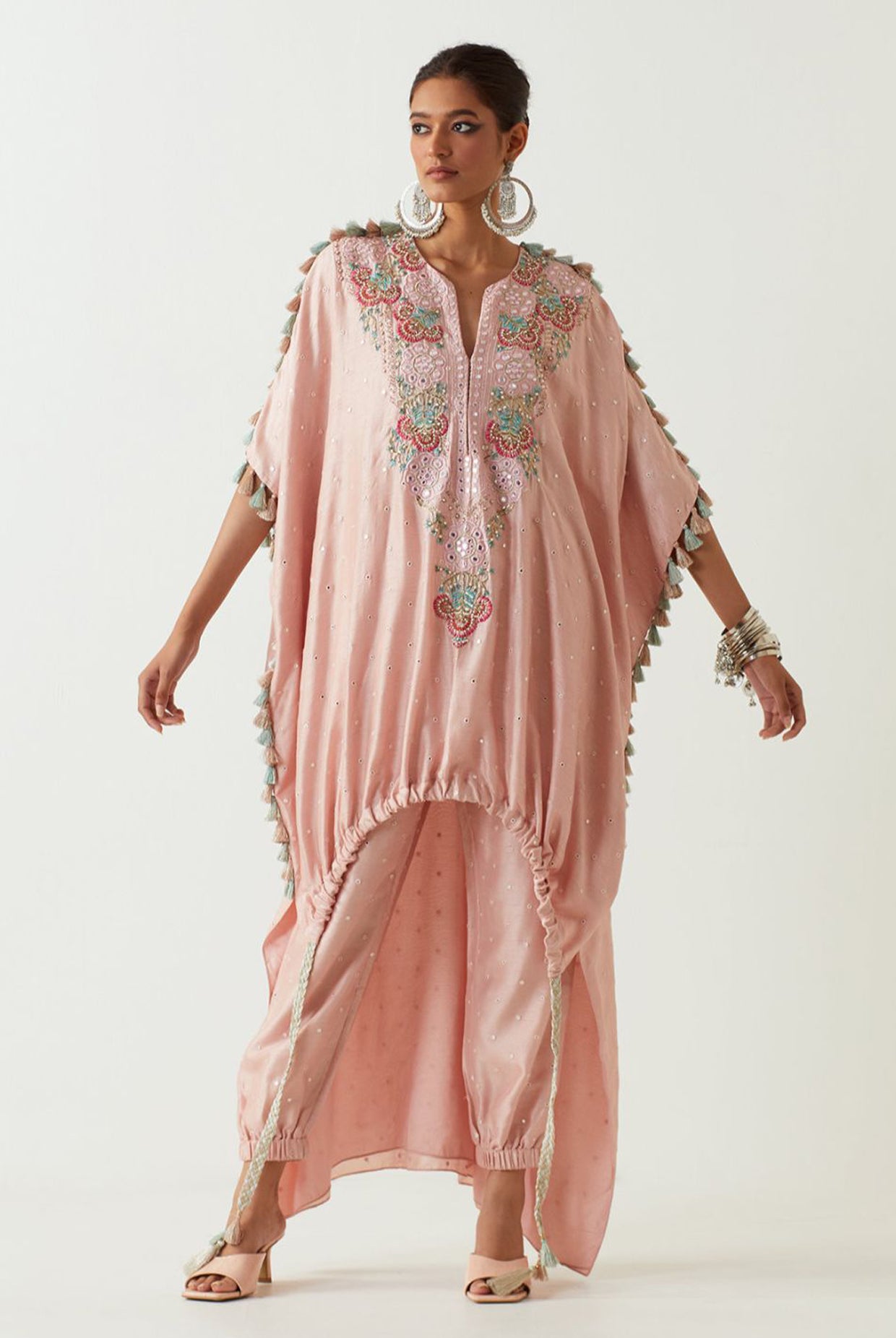 Blush Embroidered High Low Kurta With Jogger Pant