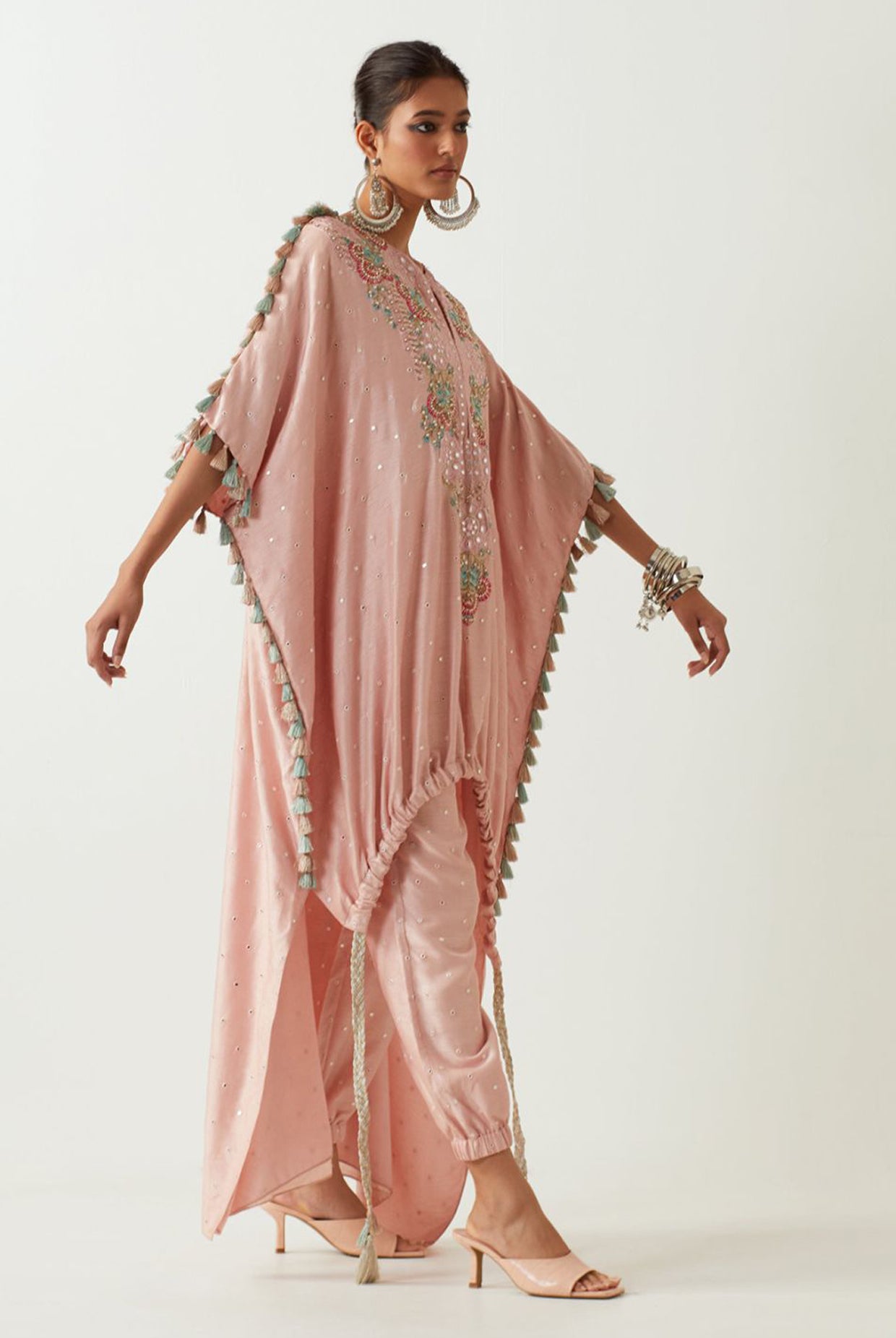 Blush Embroidered High Low Kurta With Jogger Pant