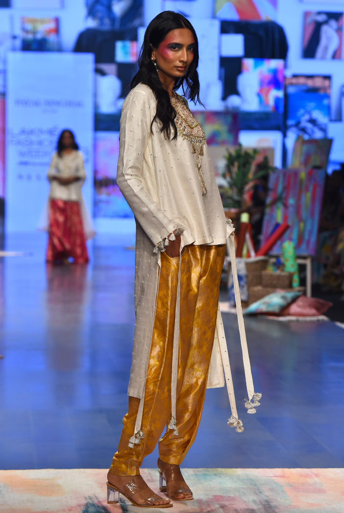 Chaantara Off White Abla Silk Embroidered High Low Kurta With Mustard Brocade Constructed Pant